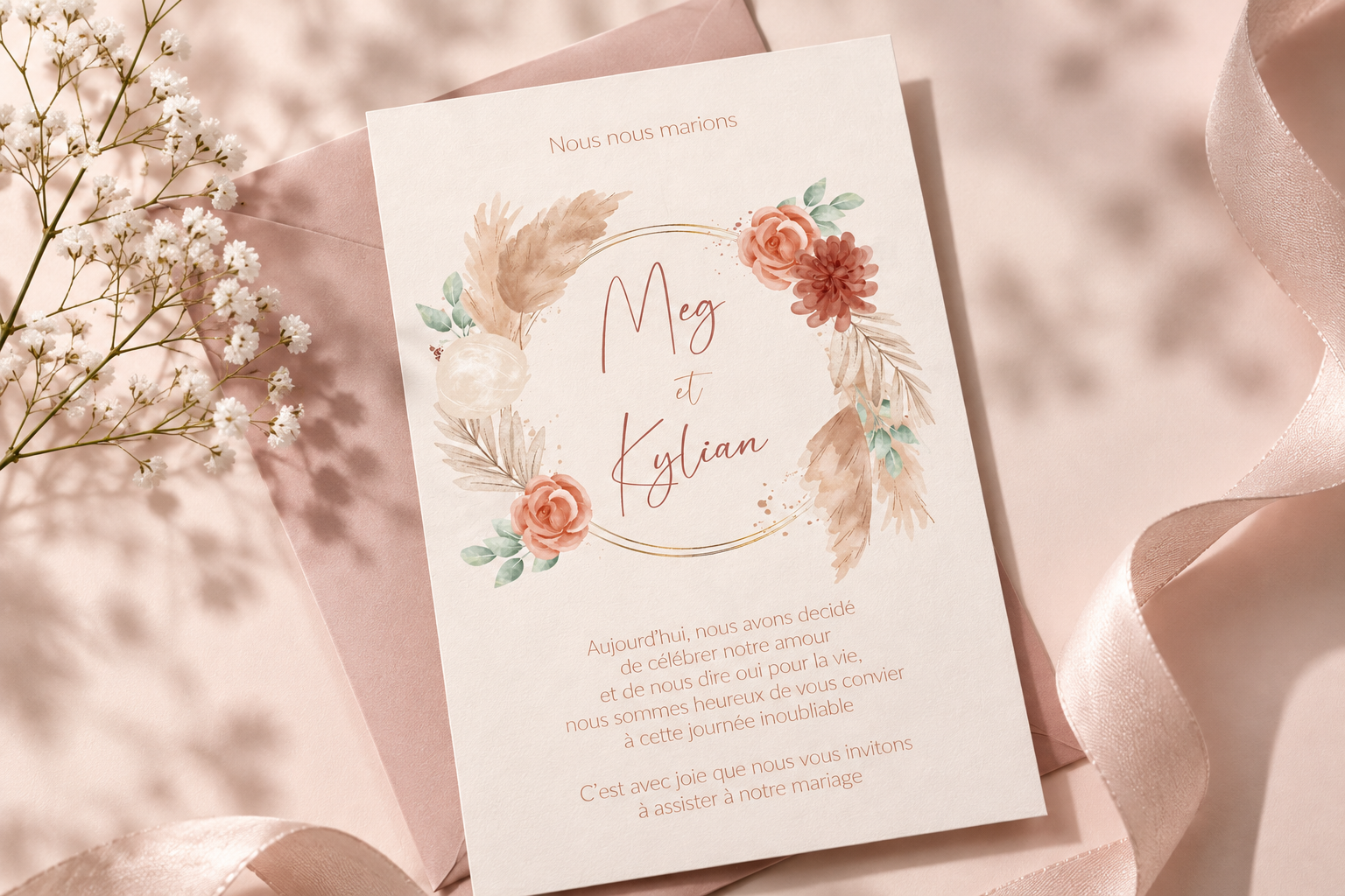 Faire-part de mariage terracotta fleuri, ruban de soie et fleurs séchées