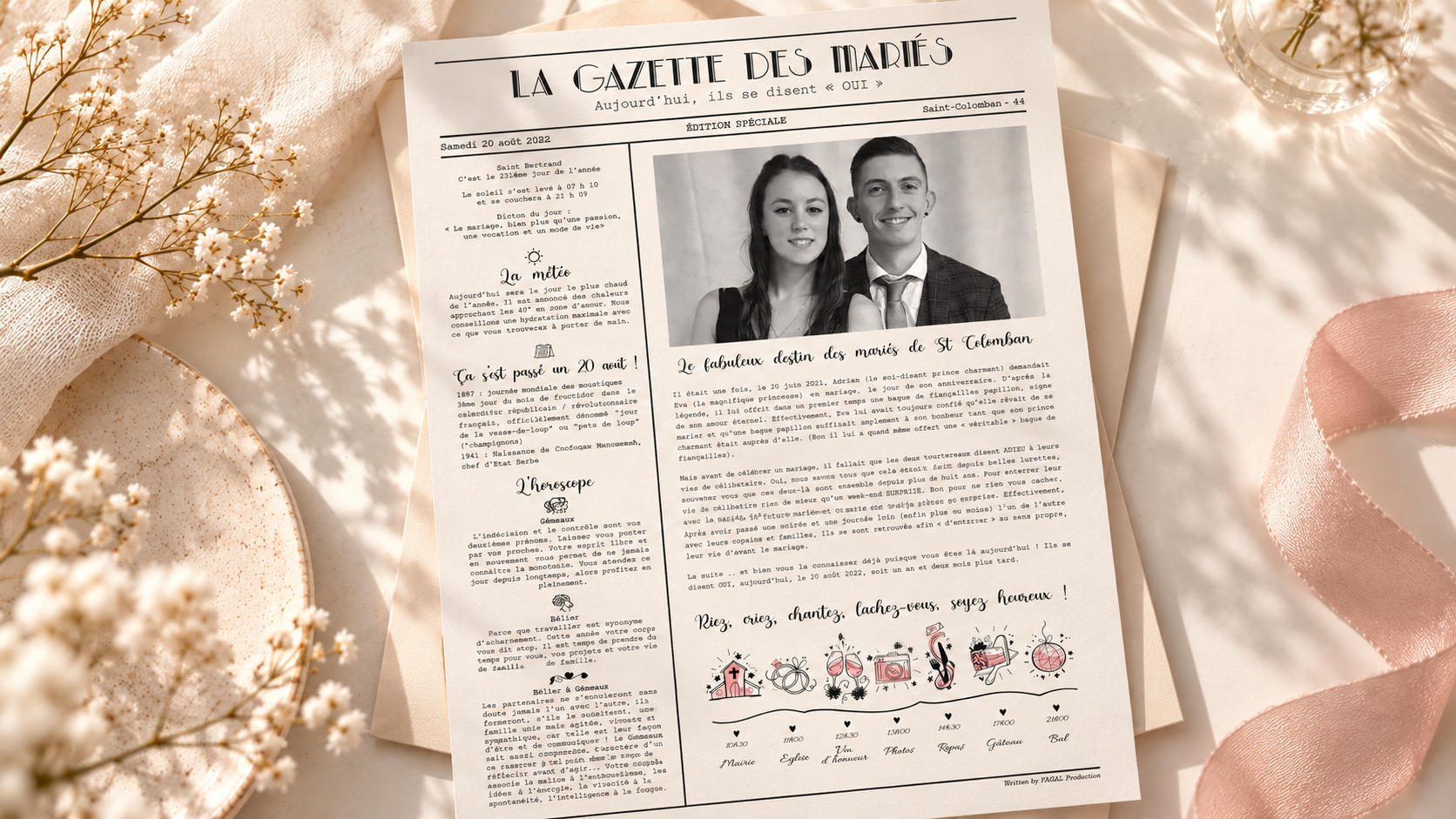 La Gazette des mariés, édition spéciale posée sur une enveloppe
